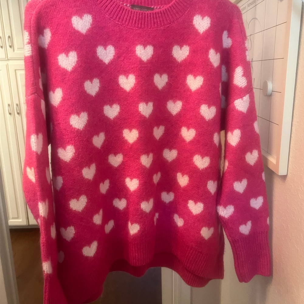 Vince Camuto Pink and White Crew Neck Sweater with Heart Pattern